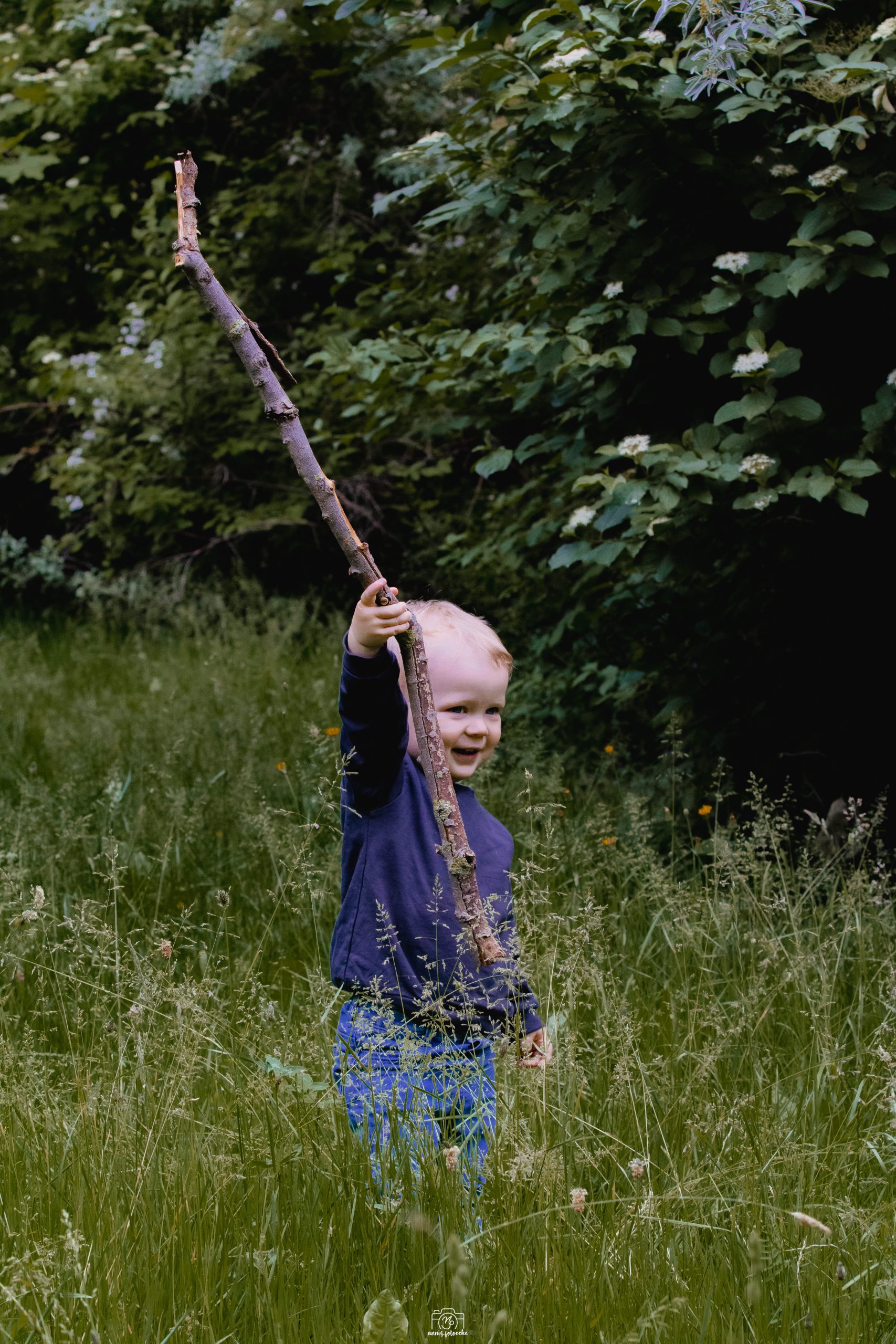 Fotoshooting mit spielendem Kind auf der Wiese.